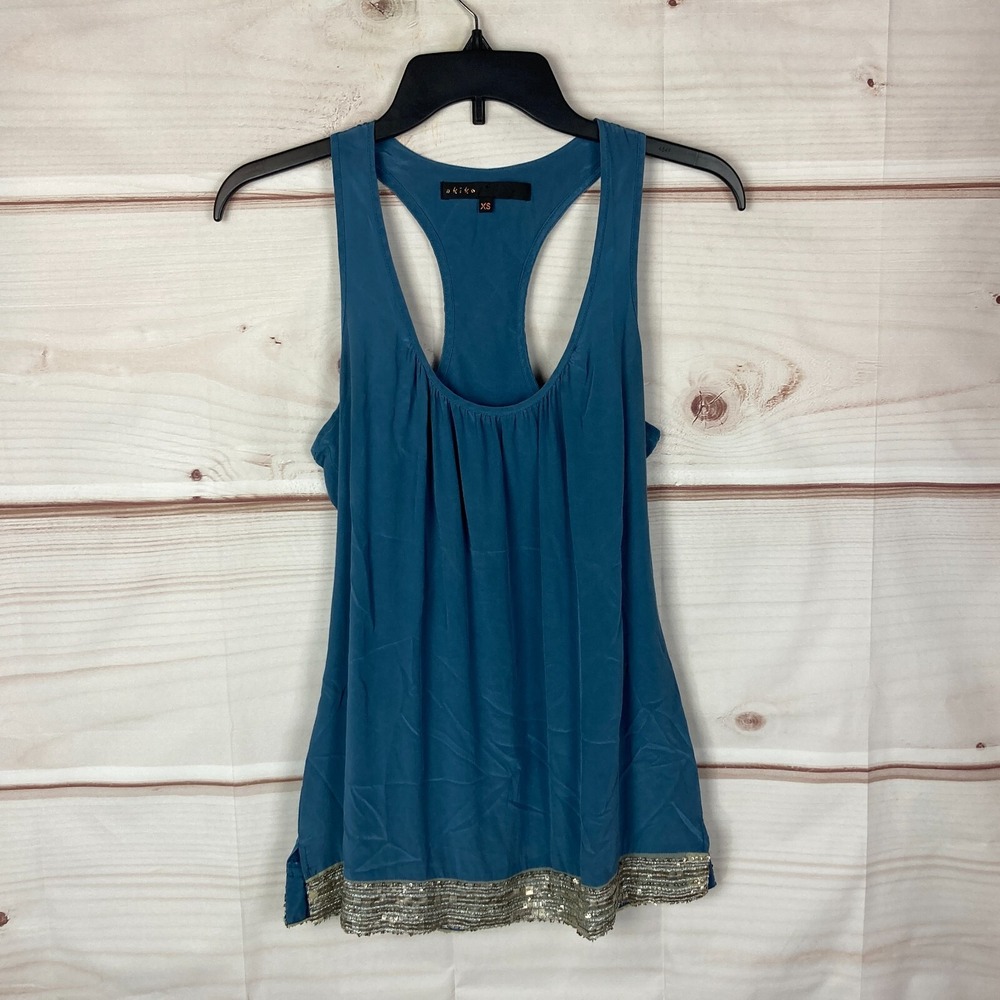 Akiko Top Womens XS Blue Silk Beaded Hem Racerback Tank Scoop Neck Sleeveless
